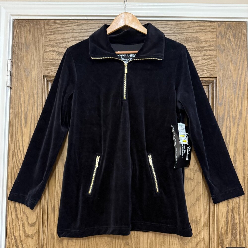 Onque Casuals Cotton Blend Black Velour Jacket With Zip Pockets